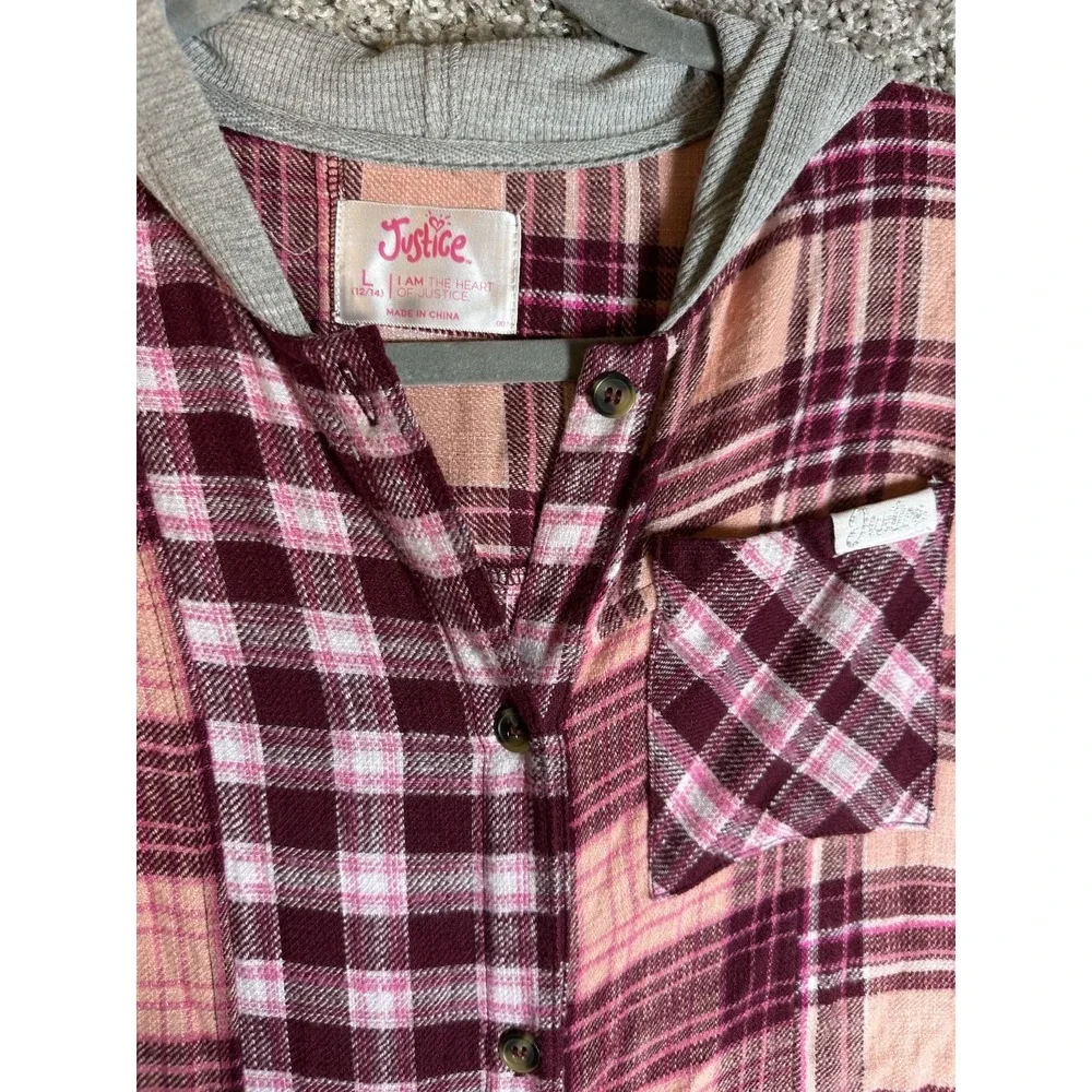 Justice Girls Long Sleeve Flannel Plaid Shirt With Hood L 12-14 Pink Grey Casual